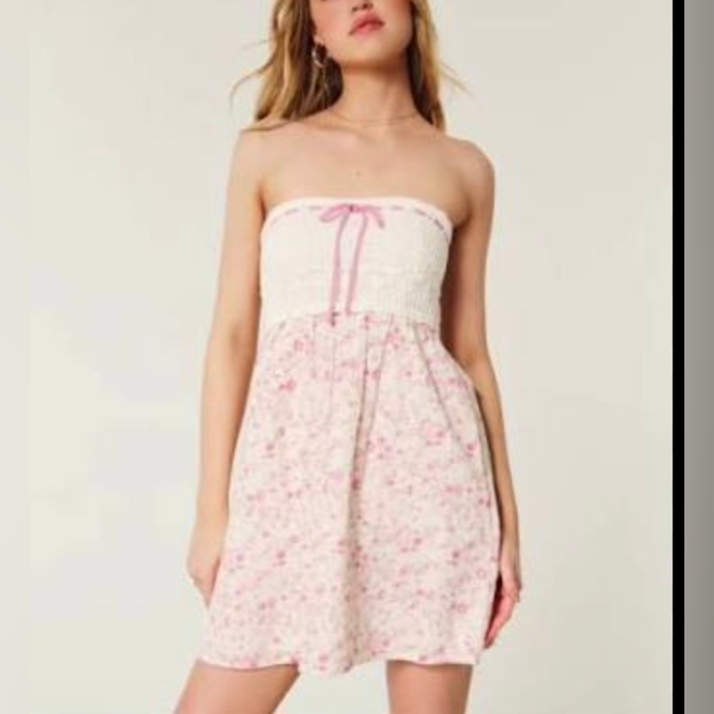 Hollister Pink and White Strapless Dress